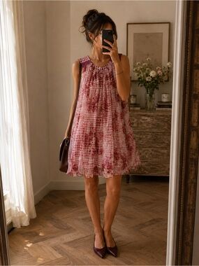 Petite Couture Chiara Cucconi Romantic Floral Silk Chiffon Dress Pink Polka Dot